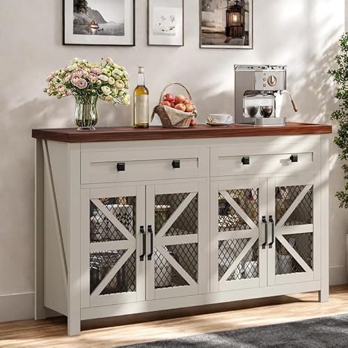 YITAHOME 55'' Farmhouse Buffet Cabinet with Storage, Large Sideboard Cabinet with 4 Mesh Decorated Doors & 2 Drawers, Kitchen Coffee Bar Cabinet, Living Room, White