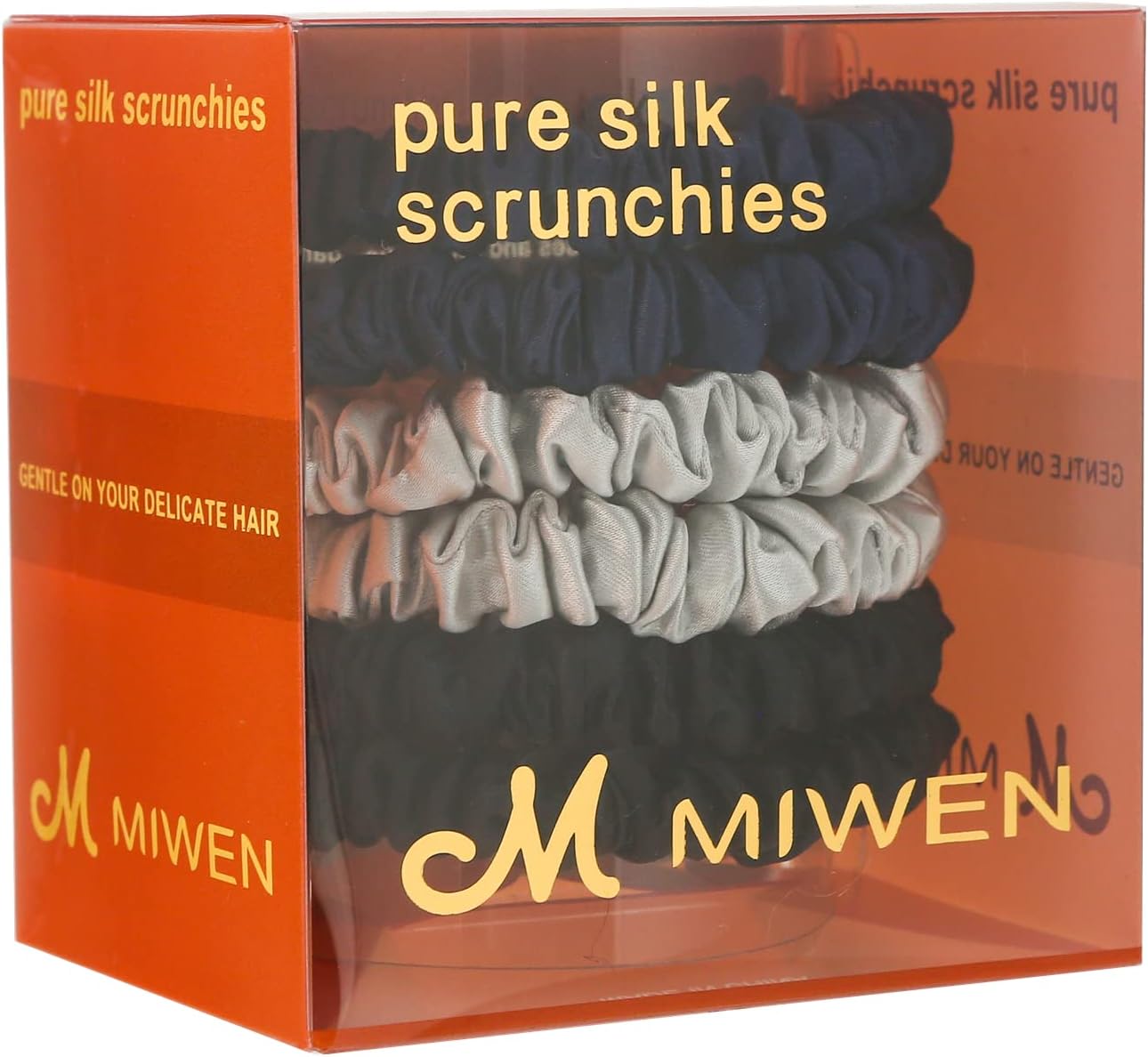 MIWENSilk Scrunchies 100% Pure Mulberry Silk Hair Ties,Gentle on Hair, Soft & Shiny, Less Pulling, Breakage for Ponytail (Small, Black+Blue+Grey)
