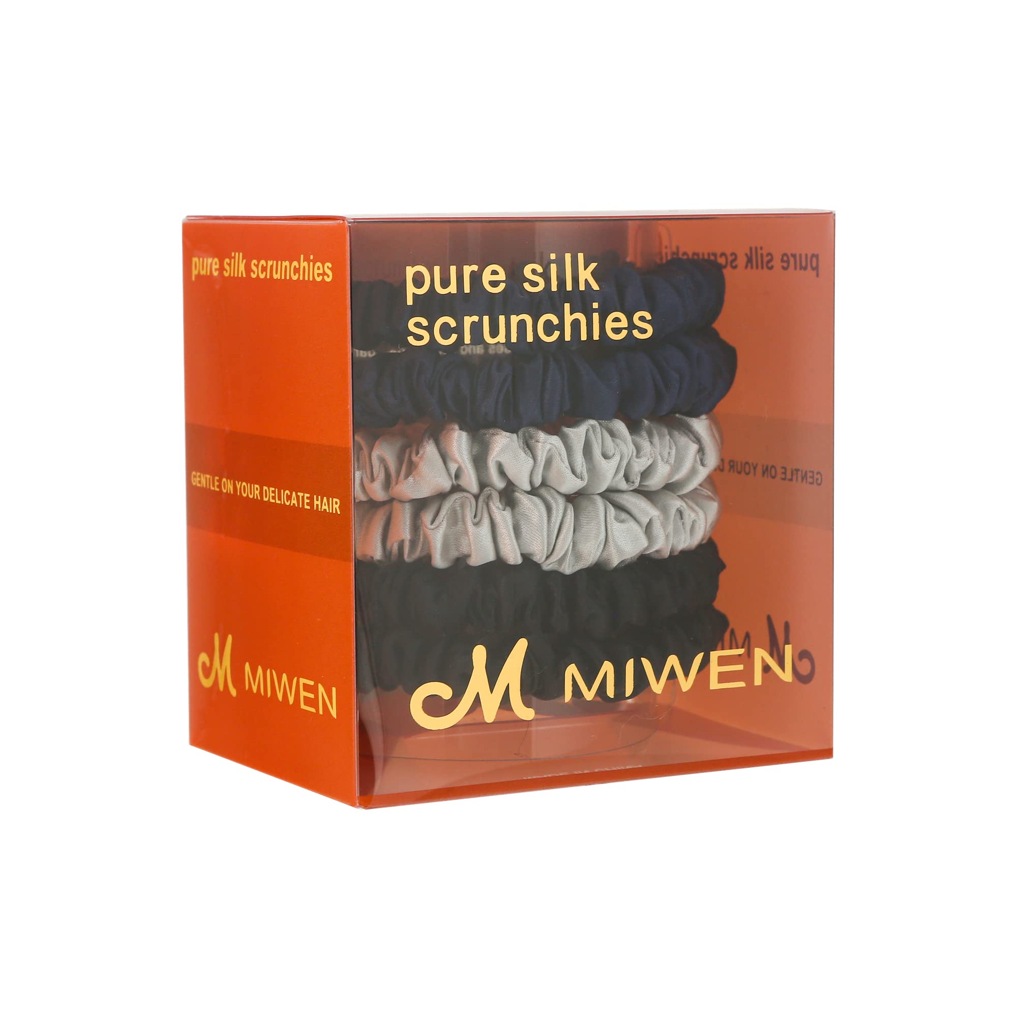 MIWENSilk Scrunchies 100% Pure Mulberry Silk Hair Ties,Gentle on Hair, Soft & Shiny, Less Pulling, Breakage for Ponytail (Small, Black+Blue+Grey)