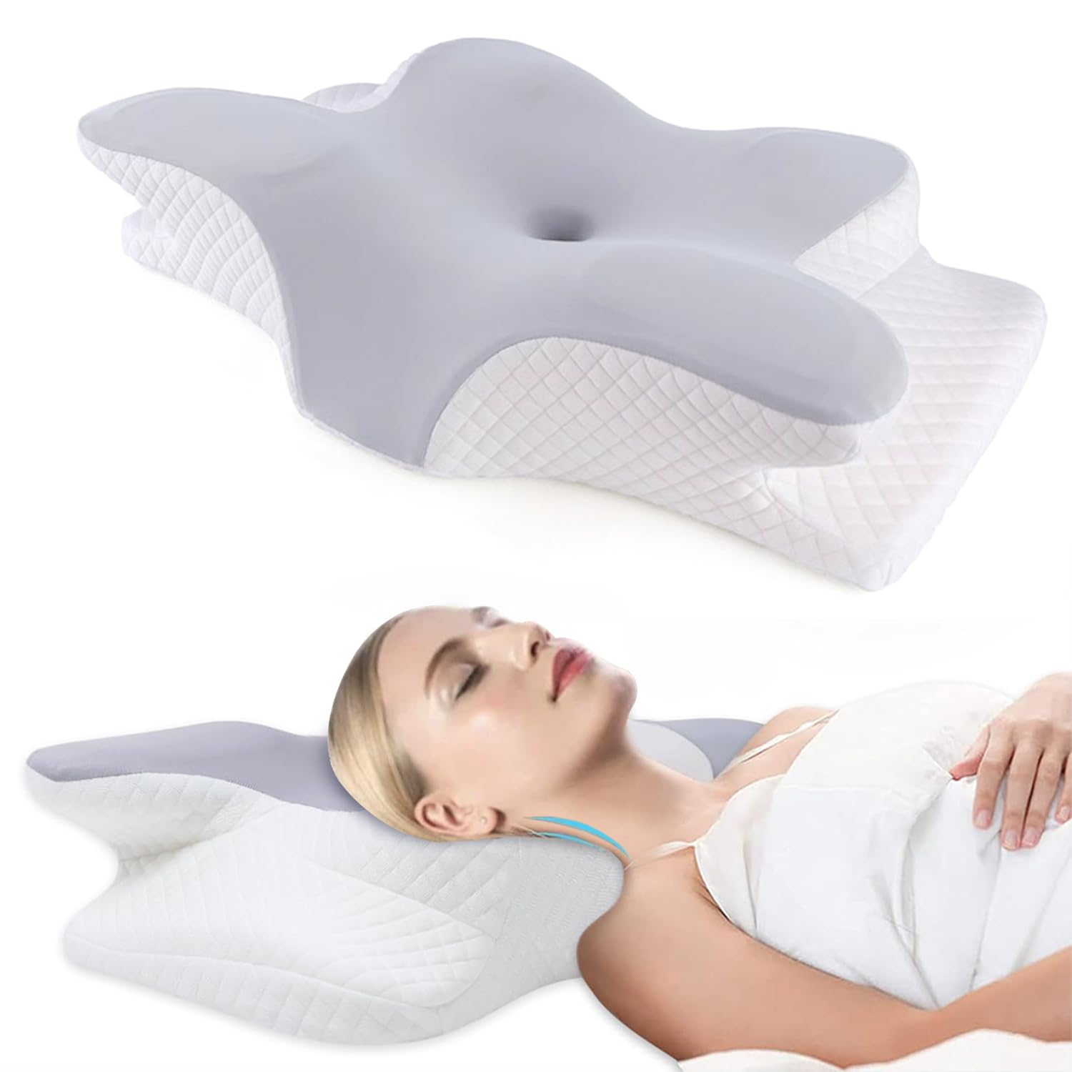 Almohada cervical para cuello y hombro, almohada de espuma viscoelástica, almohada ortopédica ergonómica mejorada para dormir boca abajo, almohada de cama de contorno premium con funda lavable