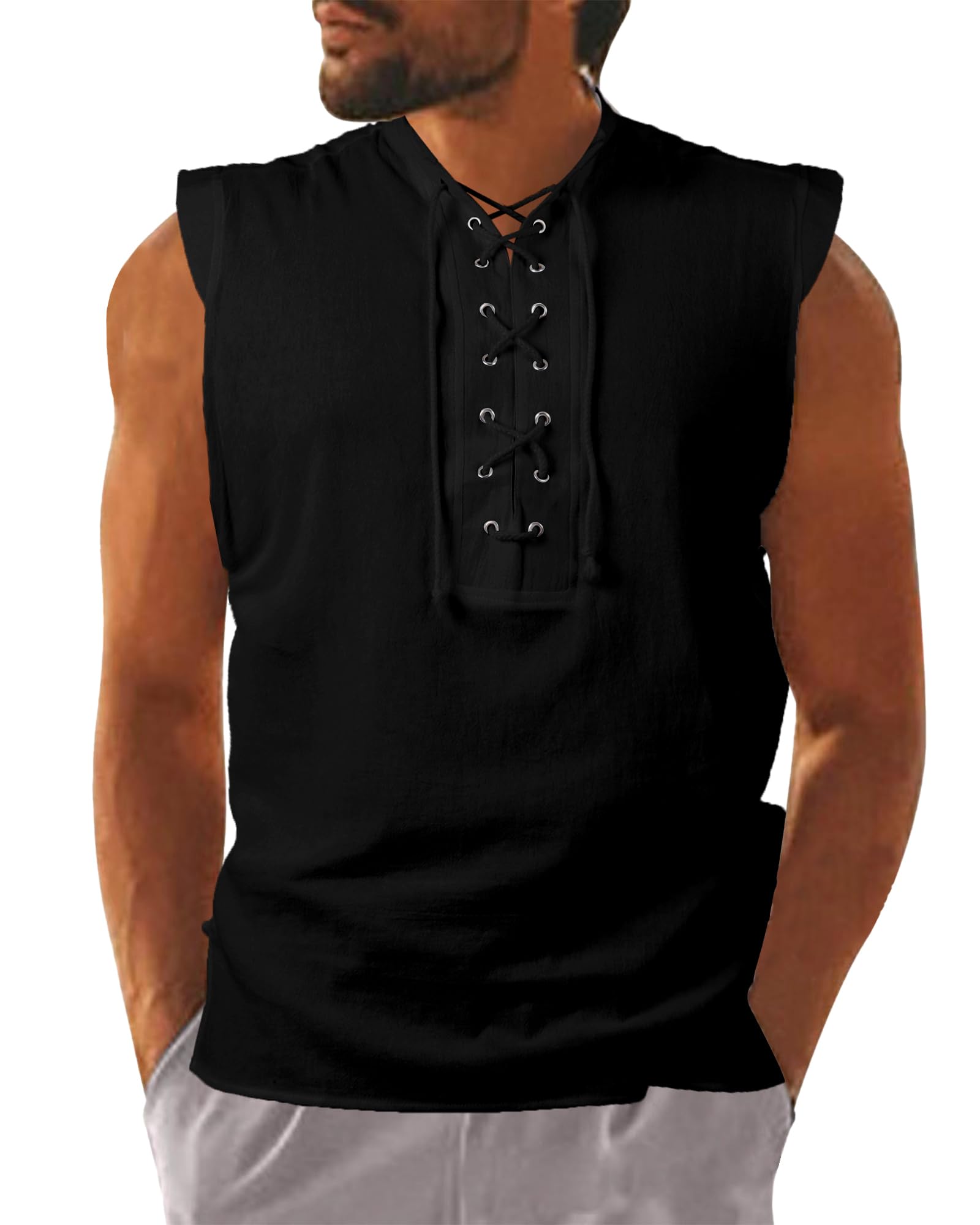 YAOBAOLE Camicia da uomo senza maniche medievale Viking Costume con lacci Renaissance Viktorian Steampunk Pirata Camicia Uomo