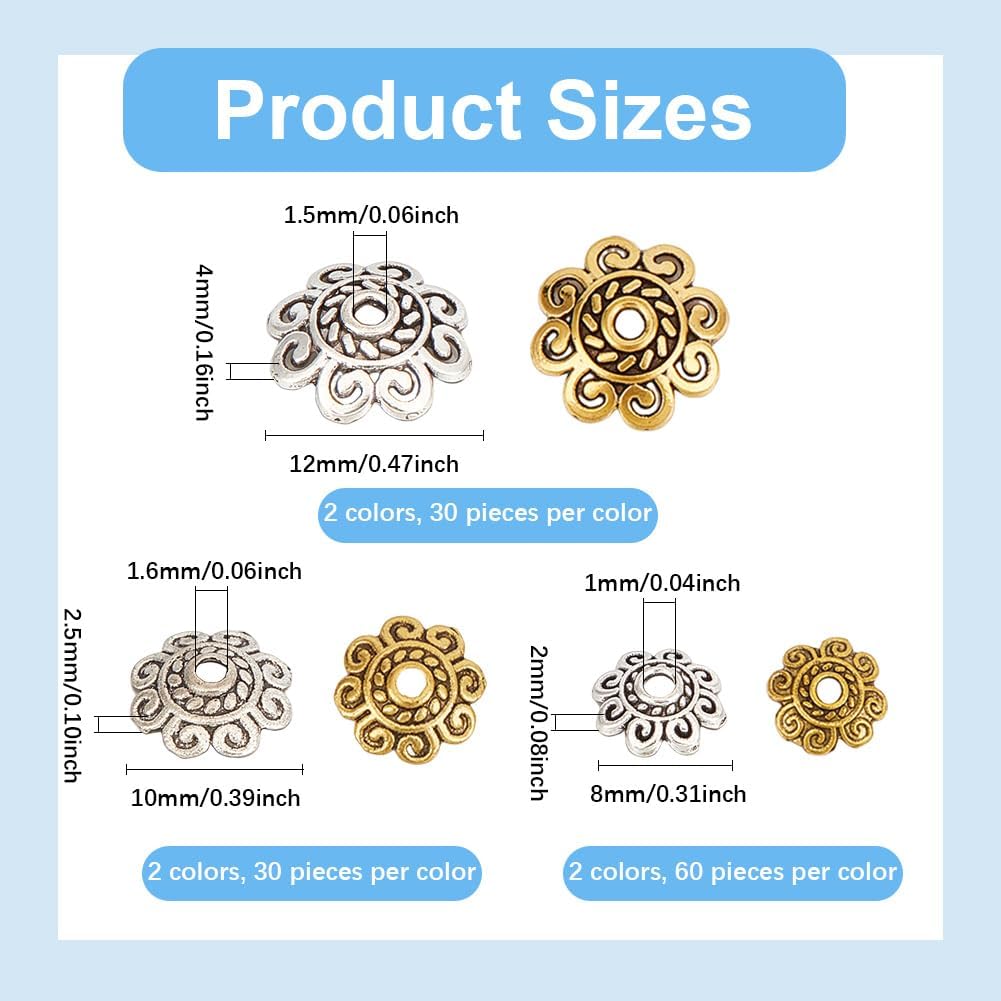 1 Box 240Pcs 8mm/10mm/12mm Flower Bead Caps Gold Flower Spacer Beads Bulk Metal Tibetan Antique Silver Round Filigree Bead Spacers for Bracelets Beading Necklace Jewelry Making DIY Crafts - Image 2