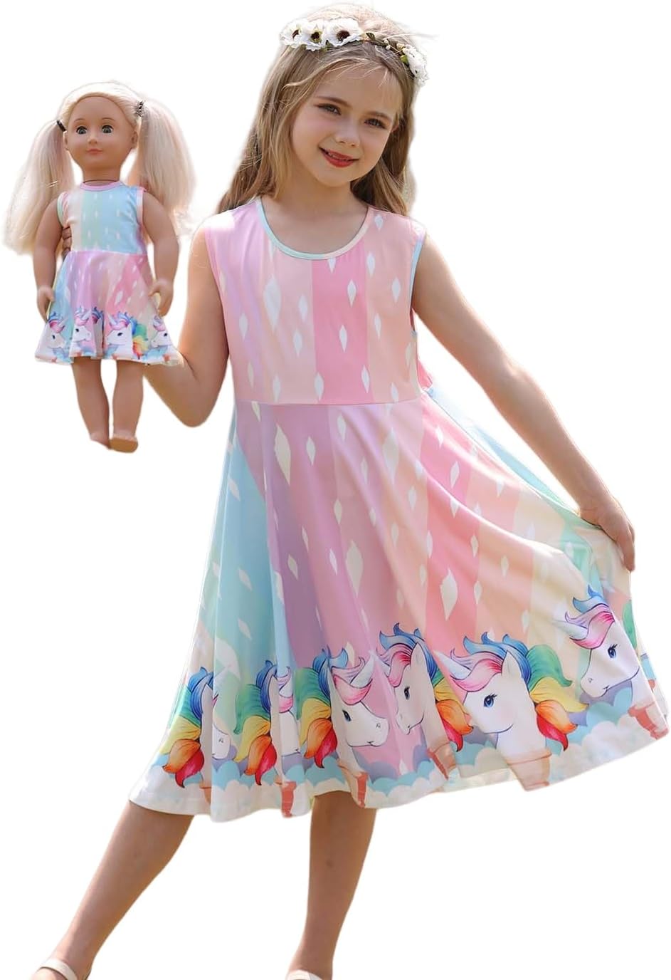 Bow Dream Girl Dress and Matching Girl American Doll Clothes Accessoriess Rainbow Mermaid Unicorn
