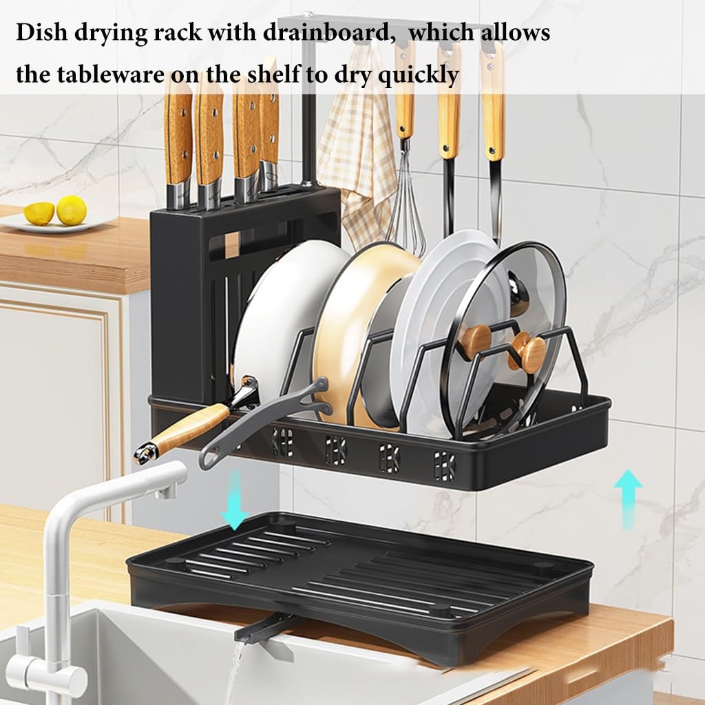 GIZNXBA Abtropfgestell Geschirr Mit Ablauf, Geschirrtrockner Abtropfgestell Für Küchenspüle, Geschirr Abtropfständer Abtropfgitter Mit Utensilienhalter Und Messerschlitzen (Color : /Black)