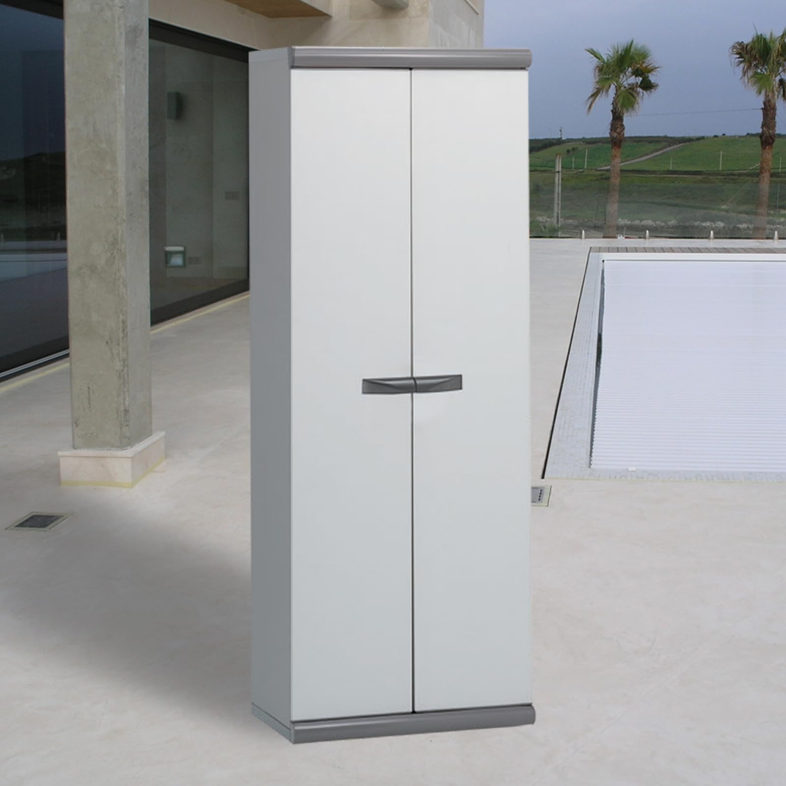 Gardiun Armario Alto de Jardín Resina Coimbra 2 62,5x39x169 cm con 2 Puertas y 3 Baldas de Altura Regulable, Color Gris