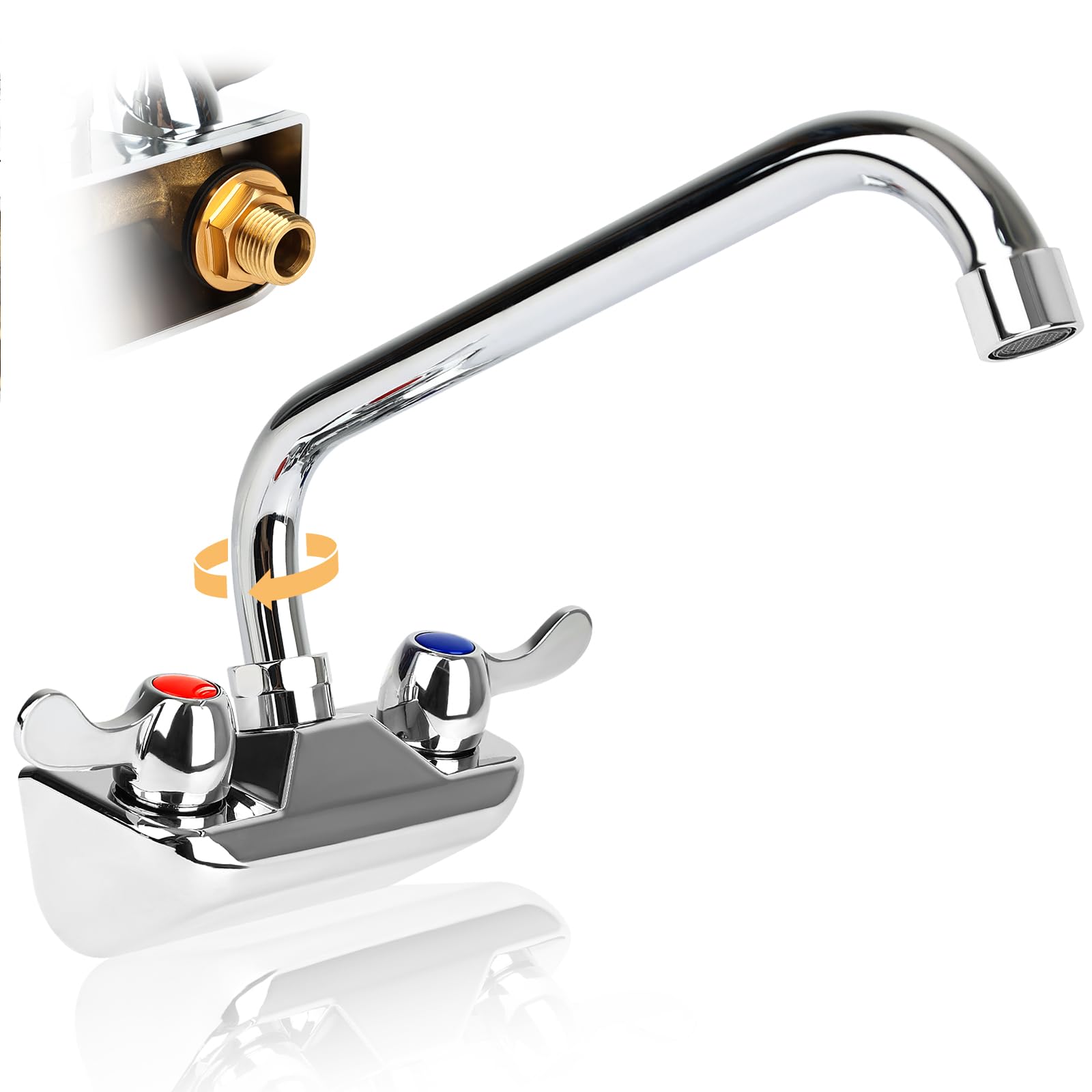 Grifo de fregadero de mano comercial central de 4 pulgadas con boquilla giratoria de 10 pulgadas, manijas de doble palanca, grifo de fregadero de cocina para bar, entrada macho NPT de 1/2