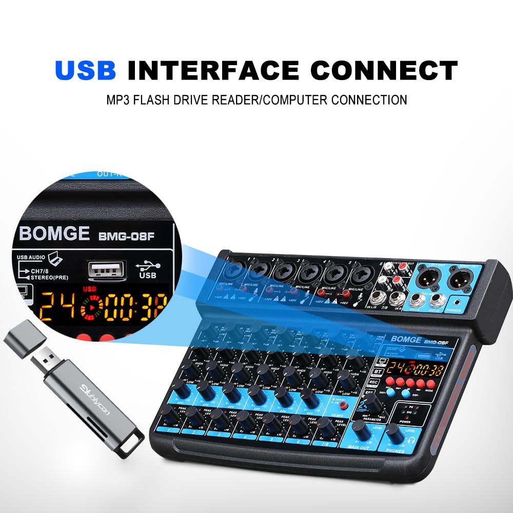 BOMGE 8 channel mini audio mixer Line Mixer ，DC 5V，with MP3 Player,Bluetooth, U disk 48V,24DSP effects, USB recording Ideal for Small Clubs or Bars, Studio Recording (8 channels-BLACK)