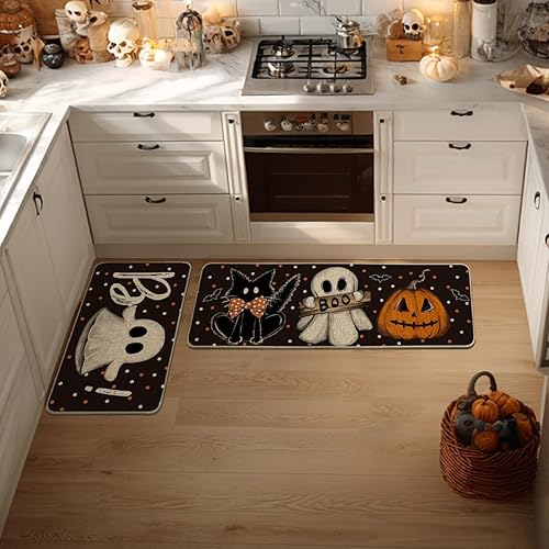 Miniatura 2 de Artoid Mode Juego de 2 tapetes de cocina de Halloween con diseño de murciélagos y gatos negros, decoración del hogar, alfombras de cocina de bajo