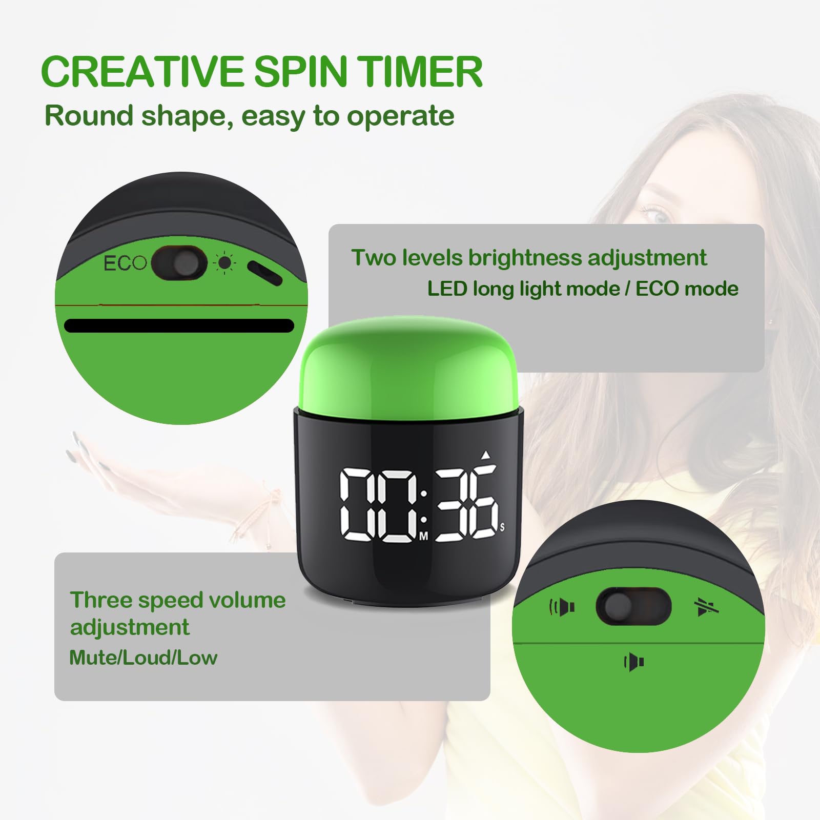 Table Timer Stopwatch, Large Led Display, Simple Manual Rotation Count Down & Up, Adjustable Volume & Brightness, Easy to Use - Image 3