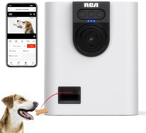 RCA Dog & Cat Smart Camera Treat Dispenser, — shown in a real home setting for scale