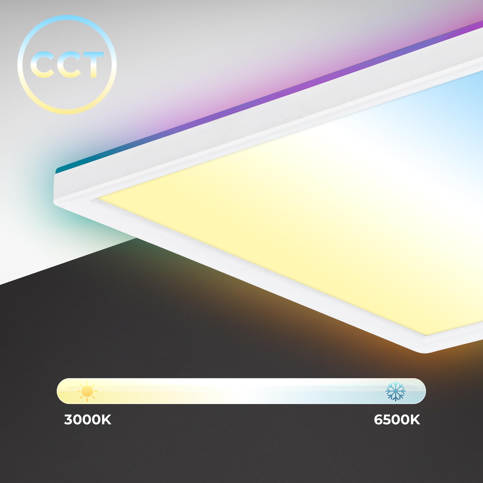 B.K.Licht - Lampada da soffitto LED piatta con telecomando, retroilluminazione RGBIC, superficie luminosa CCT, dimmerabile, lampada, plafoniera, lampada da soggiorno, pannello 58x20x2,5 cm, bianco