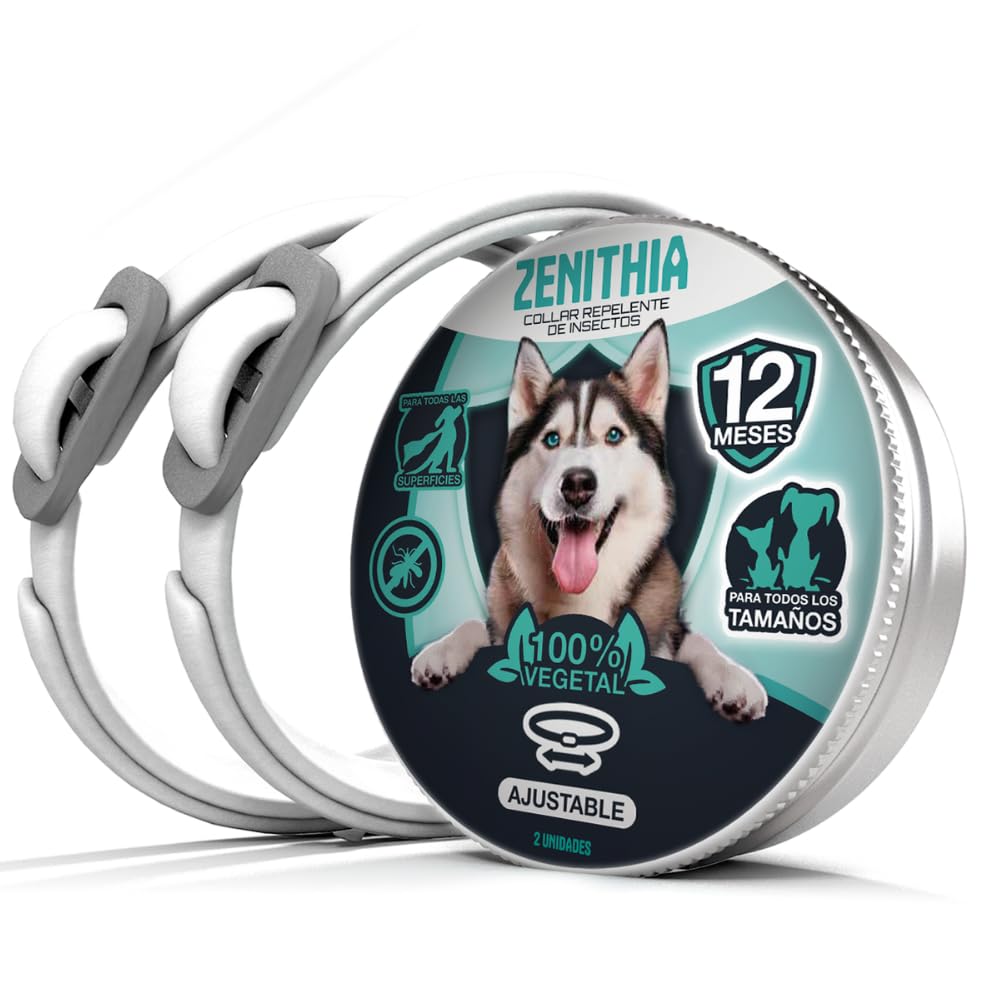 Zenithia Collar Repelente de Insectos, Antipulgas Perros, Garrapatas y Mosquitos -12 Meses Protección-65cm-Ajustable-100% Vegetal-Impermeable- 2 Und