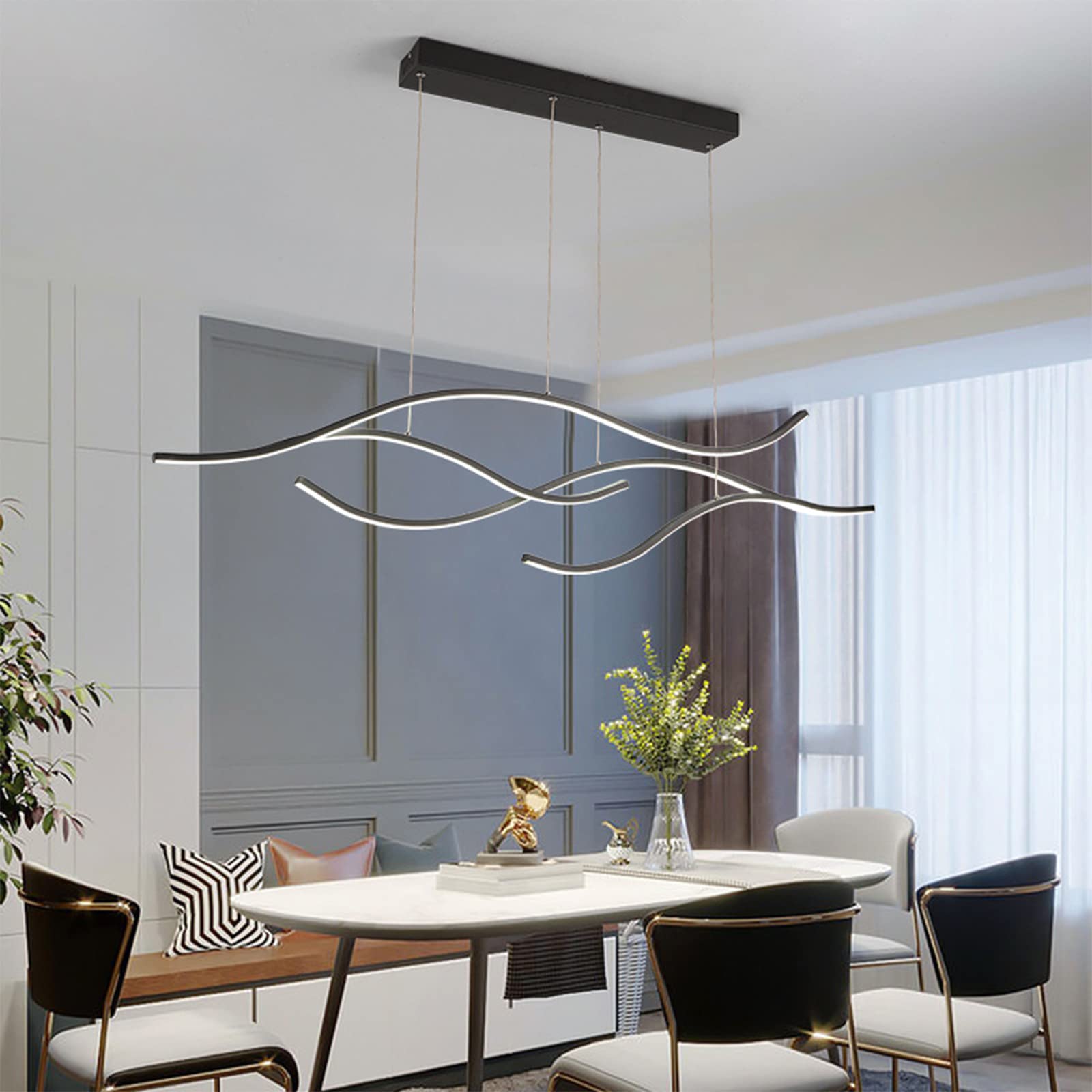 Wave Design LED Pendant Light, Modern Style Creative Metal Chandelier Height Adjustable Hanging Lamp For Kitchen Island, Dining Table,Black+3 Colour Light-120cm 60W — image 1