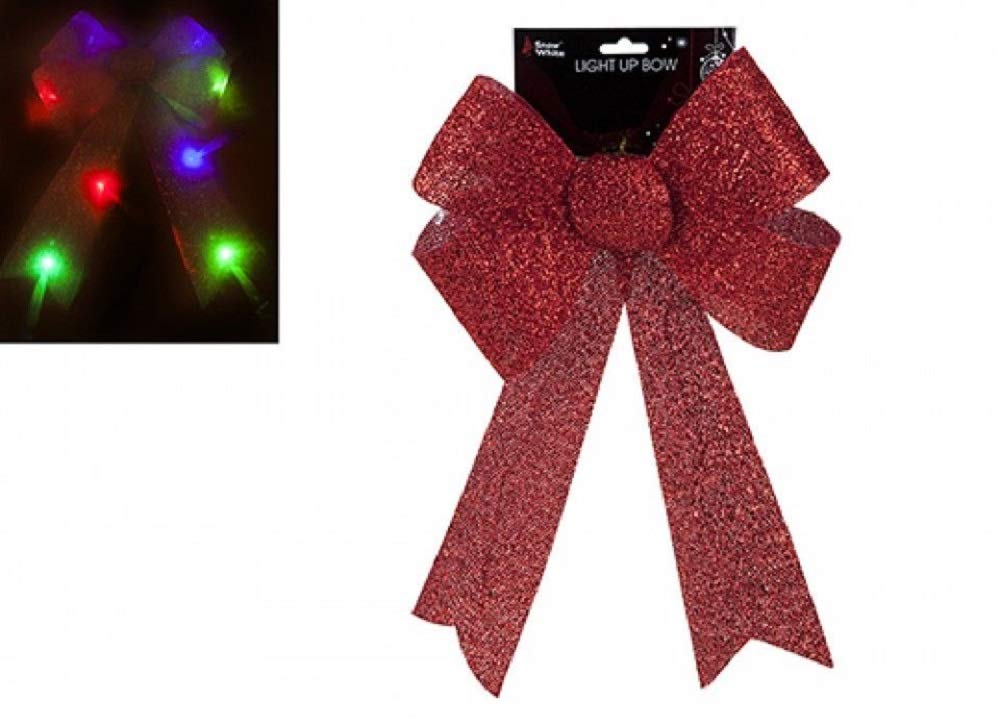 Snow White Light up Christmas LED Glitter Bow Door Hanging Welcome Decoration Large 29x43cm (Red)