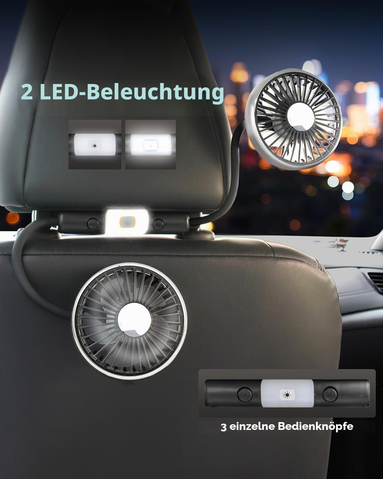 360° Schlauch-Kühlventilator für Auto Rücksitz, Kinder & Baby nach hinten gerichtet – Tragbarer USB-Ventilator für Auto, SUV, Wohnmobil & Pickup (Kopfstütze) – 3 Geschwindigkeiten & LED-Licht