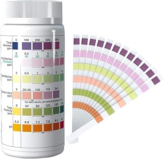 7 Way Test Strips for Hot Tub Pools and Spas 100 Counts, Fast Testing for Free Chlorine, Total Chlorine, Bromine, Total Hardness, Total Alkalinity, Cyanuric Acid and pH Testing (Multi-Color)