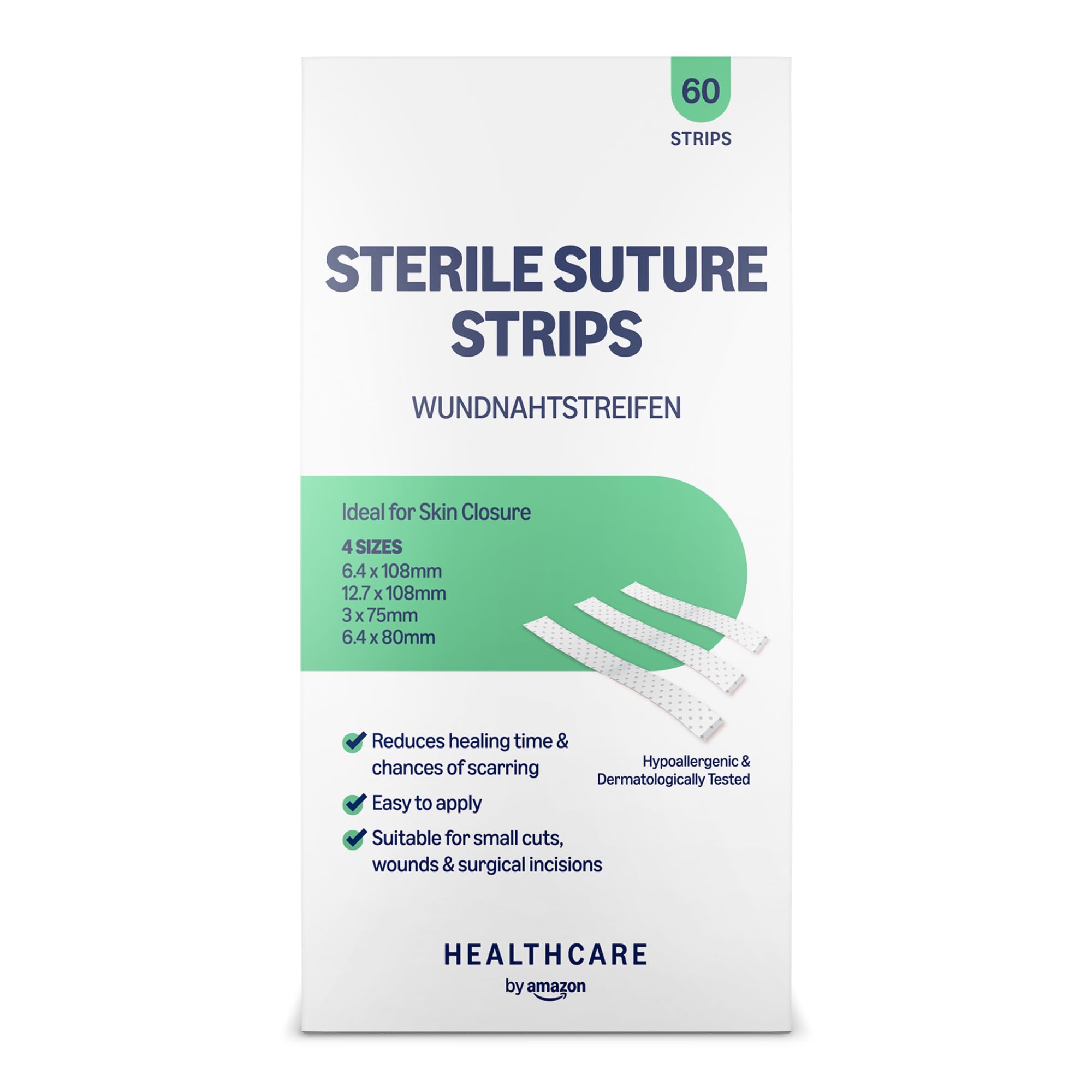 Healthcare By Amazon - Hypoallergenic Sterile Suture Strips, 4 Sizes, 60 Count (Previously Amazon Basic Care) – Packaging May Vary