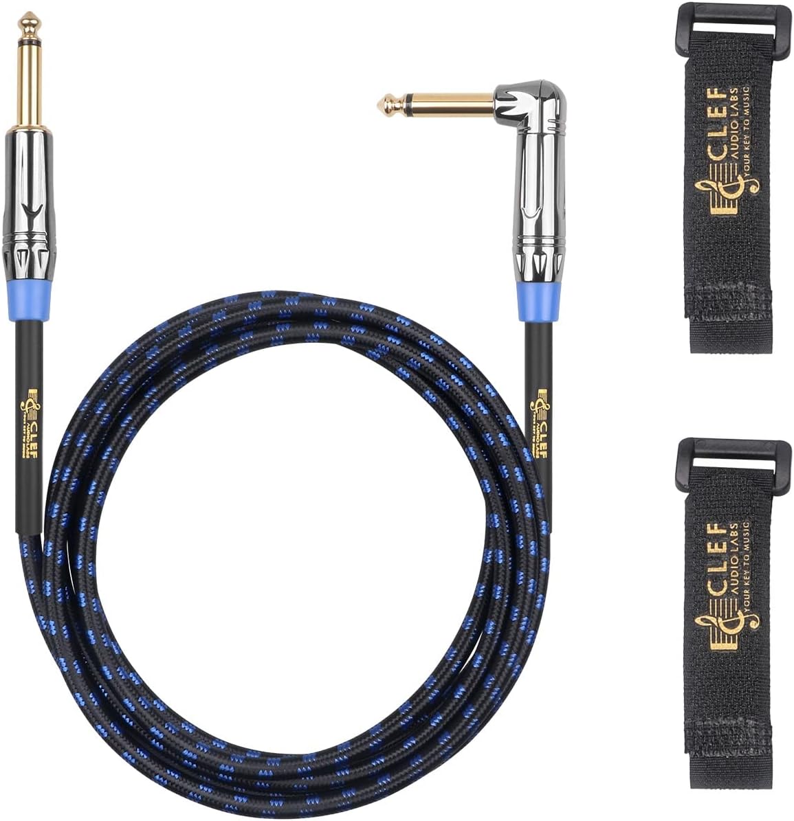 Instrument Guitar Cable, 15ft - 1/4 inch TS Right Angle to Straight Electric bass Guitar AMP Cord, 22AWG, Chrome Zinc Alloy Shell, Blue Braided Jacket