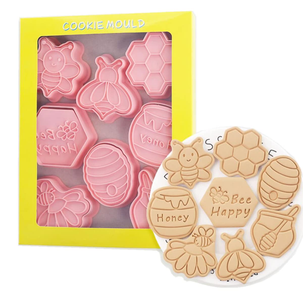 MayeBridge 8 Pieces Cute Honey Bee Cookie Cutters For Baking Cookie Mould Press Cartoon Cookie Mould Set Kitchen Tools Plastic Cookie Stamps (Honey Bee)