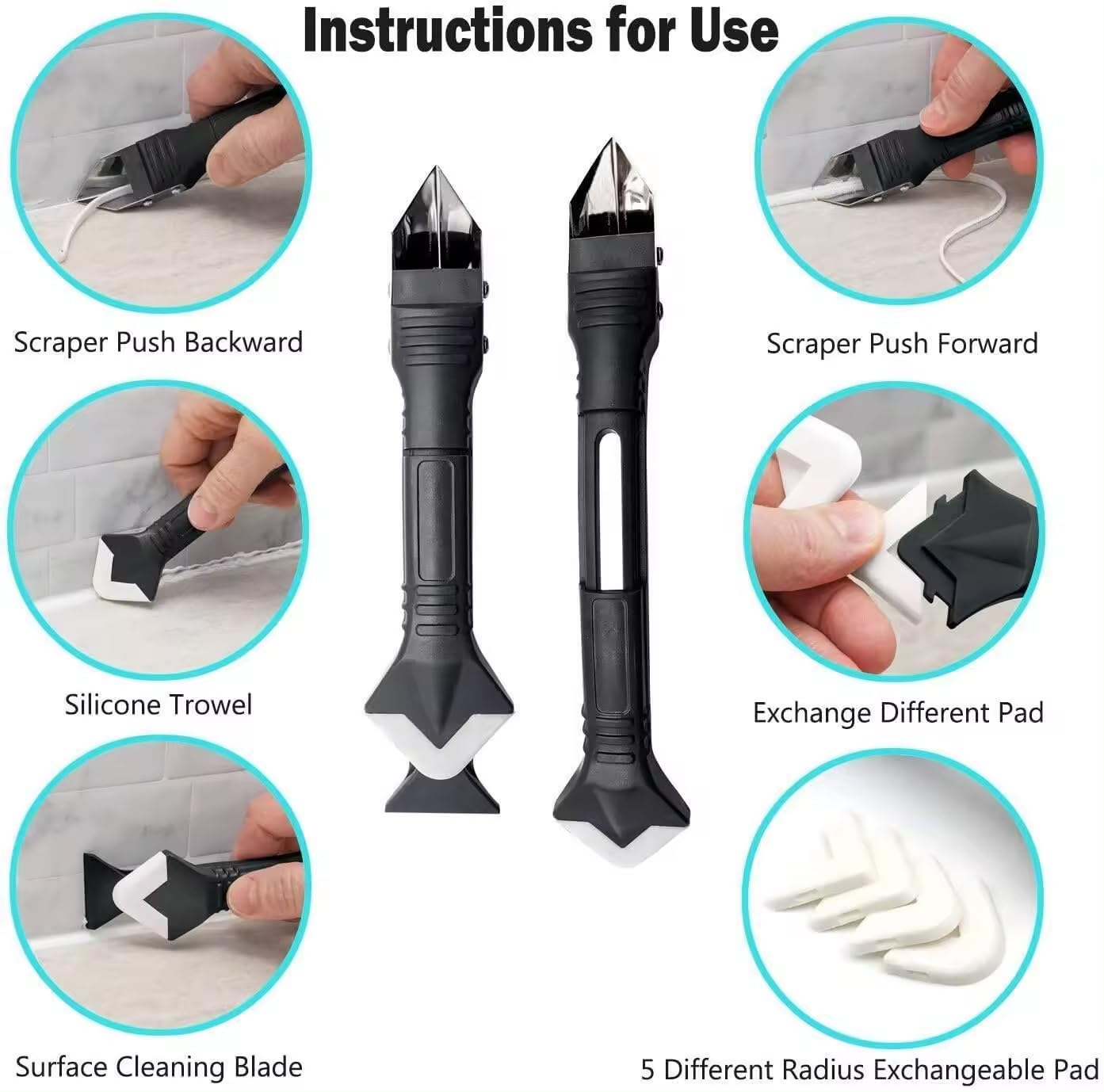 2 Pack 3-IN-1 Caulk Tool for Removal and Application, for Bathroom, Kitchen, Flooring, Windows, Sinks and Frames Seal 4