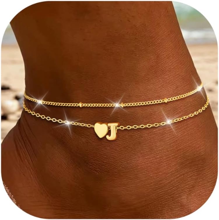 Initial Heart Gold Ankle Bracelets for Women Trendy 14K Gold Plated Dainty Layered Letter A-Z Heart Charm Anklets Set Non Tarnish Adjustable Anklet Handmade Waterproof for Summer Beach Foot Jewelry
