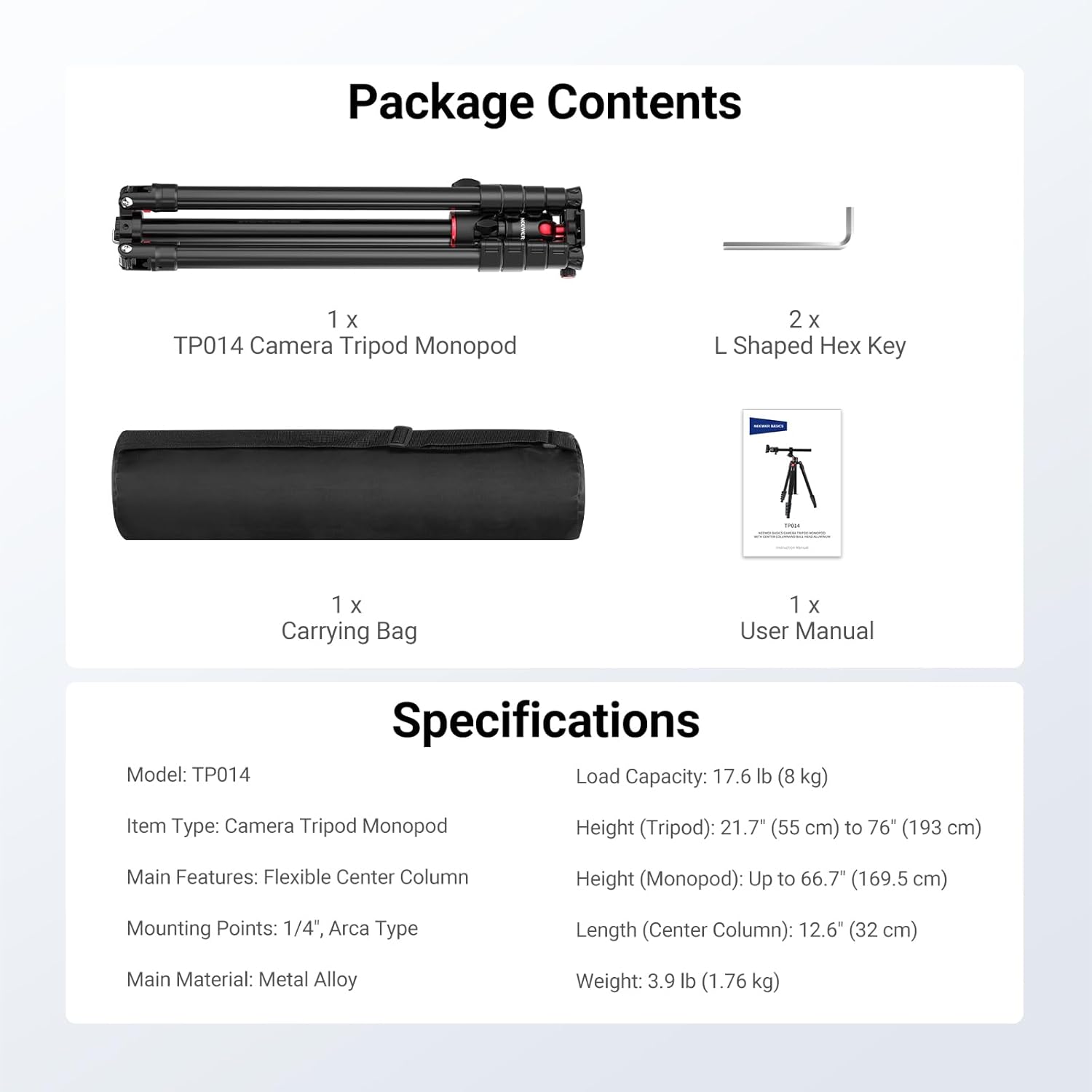NEEWER Basics Overhead Camera Tripod Monopod with Ball Head & Horizontal Center Column, 76 Inch Tall Metal DSLR Video Travel Stand, Arca Type QR Plate & Inverted Legs, Max Load 17.6 lb, TP014