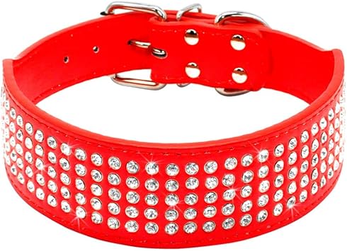Serijoars Rhinestones Dog Collars, 2" Width Full Sparkly Crystal Diamonds Dazzling Sparkling Elegant Fancy PU Leather Dog Collar for Medium Large Dogs M, Red