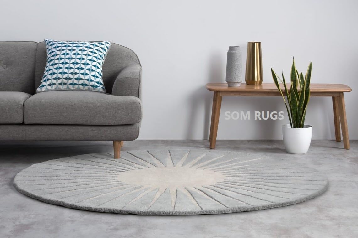 SOM RUGS Round Rug Hand-Tufted 100% Wool Handmade Area Rug Carpet for Home, Bedroom, Living Room, Kids Room (Lite Grey, 5 x 5 Round)