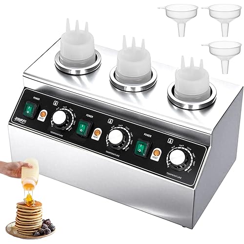 JOHAKYU Commercial Electric Sauce Warmer Dispenser – Stainless Steel Countertop Hot Fudge/Nacho Cheese Warmer with 3×650ml Squeeze Bottles and 3 Funnels