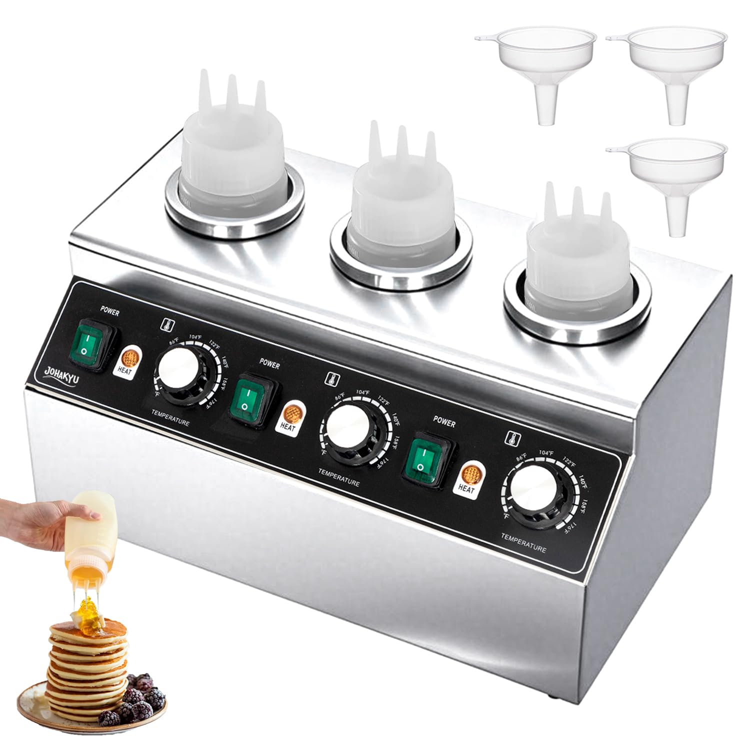 JOHAKYU Commercial Electric Sauce Warmer Dispenser – Stainless Steel Countertop Hot Fudge/Nacho Cheese Warmer with 3×650ml Squeeze Bottles and 3 Funnels