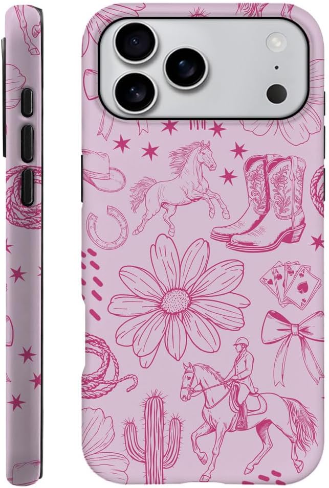 DAIZAG Case Compatible with iPhone 17 Pro Max,Fit Shockproof Cover for Women Girls,Western Cowboy Flower Horse Cactus Pink
