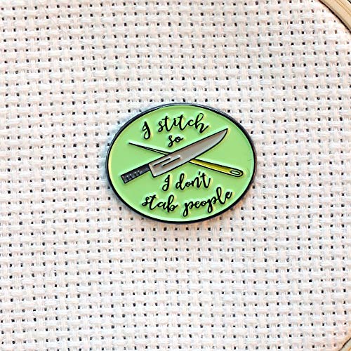 I Stitch So I Don't Stab People Enamel Needle Minder: Knife & Needle