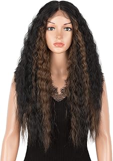 Joedir Highlight Lace Front Wig 24" Long Curly Wave Wig Skunk Stripe Wigs Deep Part Lace Front Wigs Pre Plucked Wigs with Baby Hair Heat Resistant Synthetic Fiber Wig for Black Women(FF1B/30)