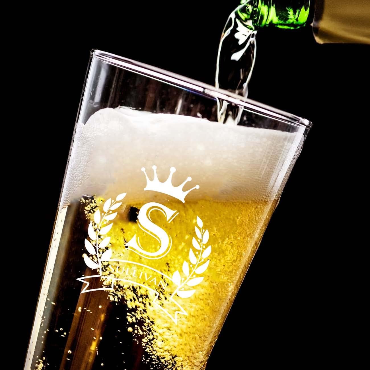 Custom Engraved Pint Glasses for Beer, 16 oz., Personalized Laser Engraved Coasters Set(4"x4") Personalized Beer Glass Set for Men and Women, Couple (4 Set of Beer Glass and Slat Coaster)