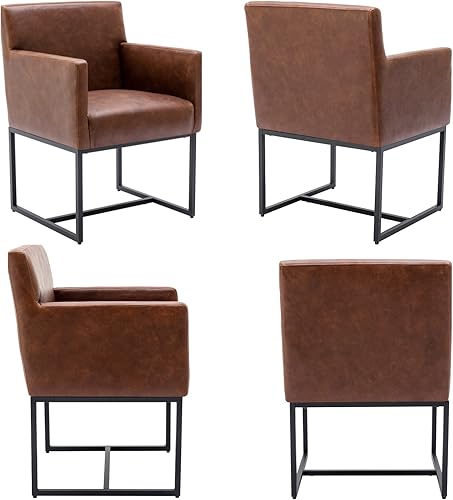 Miniatura 5 de HNY Juego de 2 sillas de comedor tapizadas modernas de mediados de siglo con brazos, sillas decorativas de piel sintética con marco de metal acabado