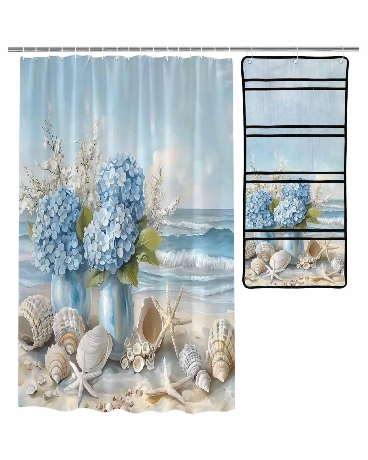 ZFUNCING Shower Curtain Mesh Shower Organizer Set Summer Beach Blue Hydrangeas Waterproof Bath Curtains Hanging Shower Caddy Bathroom