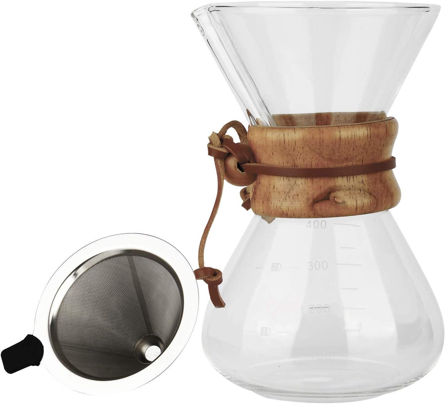 OAMCEG Pour Over Coffee Maker, 14 oz Borosilicate Glass Carafe and Reusable Stainless Steel Permanent Filter Manual Coffee Dripper Brewer with Real Wood Sleeve