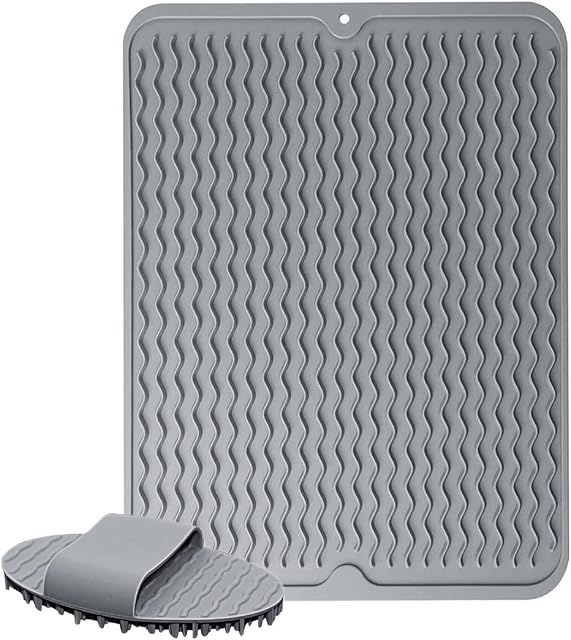 Dish Drainer Mat Silicone Dish Drying Mat Easy Clean Draining Board Mats for Kitchen Counter Heat Resistant Pad with Silicone Scrubber, Grey, 40x30 cm