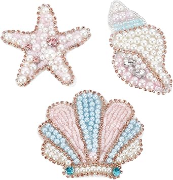 WEBEEDY 3 Styles Sea Animals Beaded Patches Pearl Applique Sewing Patches Pink Conchs Shells Starfish Shape Rhinestone Beaded Applique for Clothes Bag Pants Shoes Hats Summer DIY Accessories
