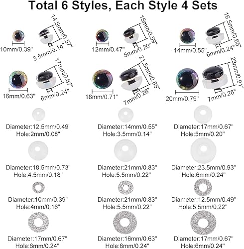 Miniatura 2 de PH PandaHall 24 juegos de ojos de seguridad con purpurina, 6 tamaños, ojos de animales con purpurina, ojos de ganchillo con arandelas para