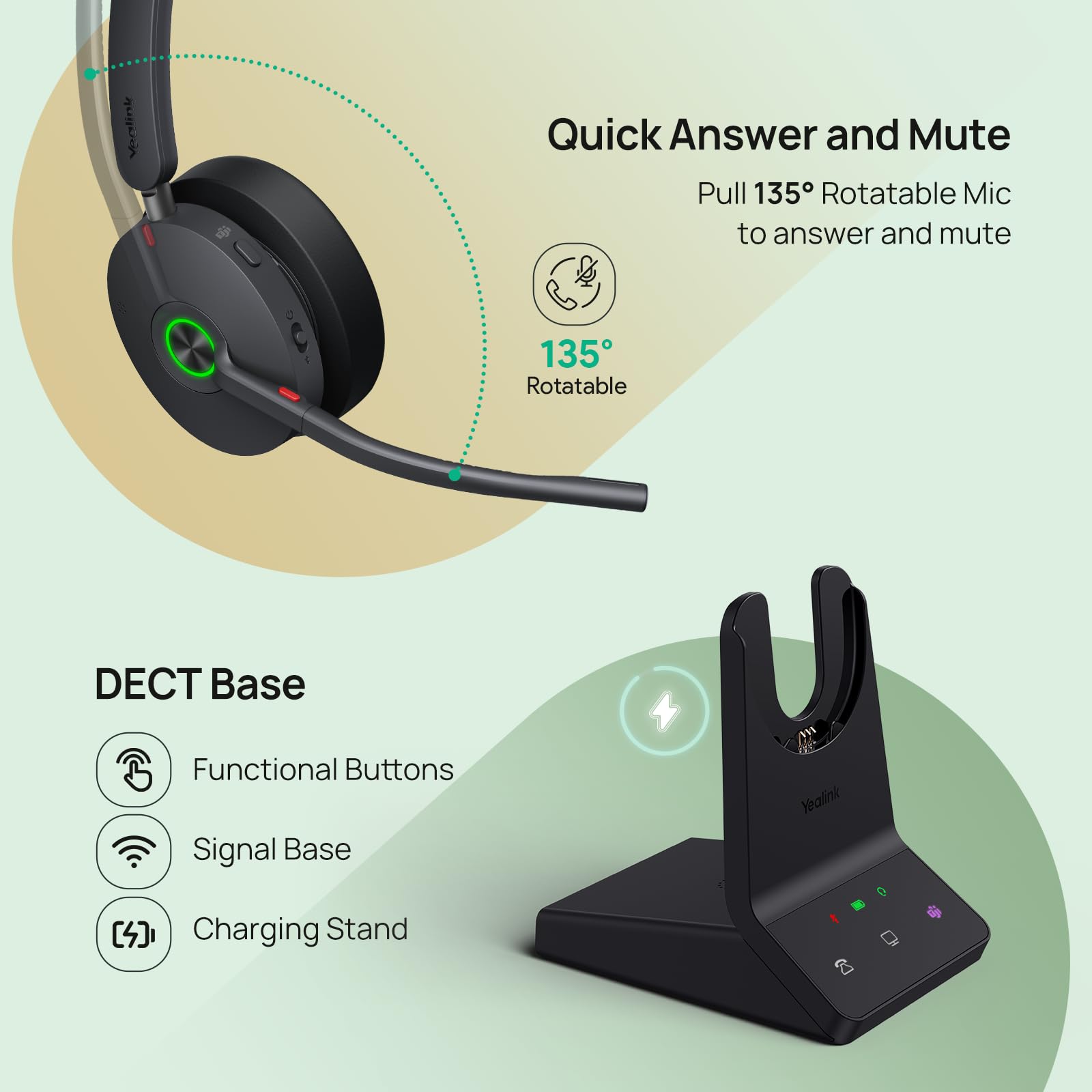 Yealink WH68 ANC DECT Kabelloses Headset mit Mikrofon, 4X AI-Mic mit Geräuschunterdrückung, 185m Reichweite, 32H Gesprächszeit, On-Ear-Headsets, Teams-zertifizierte Kopfhörer Kabellos für die Arbeit