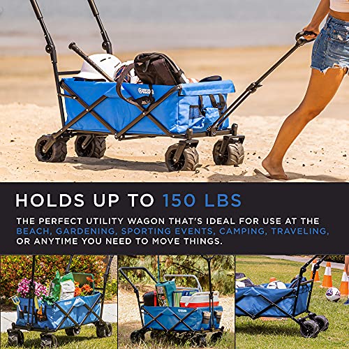Blue Wide Wheel Wagon All-Terrain Folding Collapsible Utility Wagon With Push Bar - Portable Rolling Heavy Duty 150 Lbs Capacity Canvas Fabric Cart Buggy - Beach, Garden, Sporting Events, Park, Picnic #TOP6