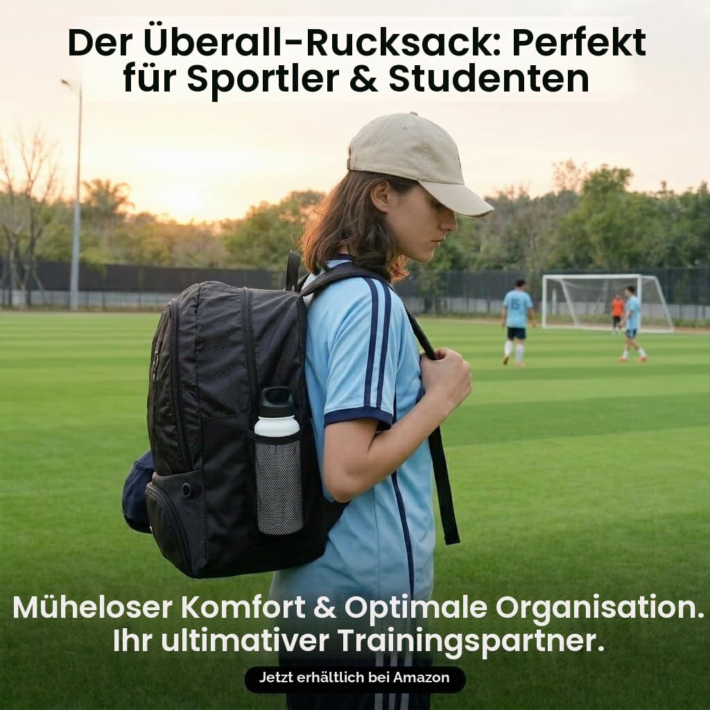 Fußballtasche-Rucksack für Basketball, Volleyball mit Stollenschuhen und Ballfach und innenliegende Laptoptasche für Reisen, Fitnessstudio, Wandern, Sportverein