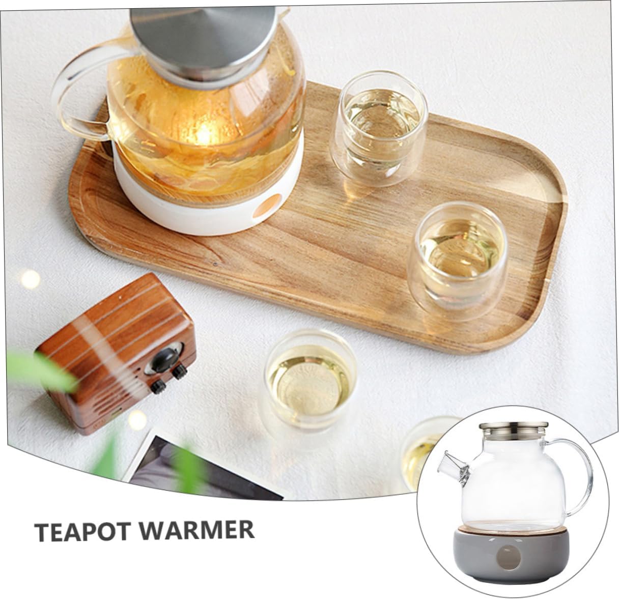 Mikinona 2pcs Borosilicate Glass Teapot Warmer Bamboo Lid Vintage Style Tea Pot