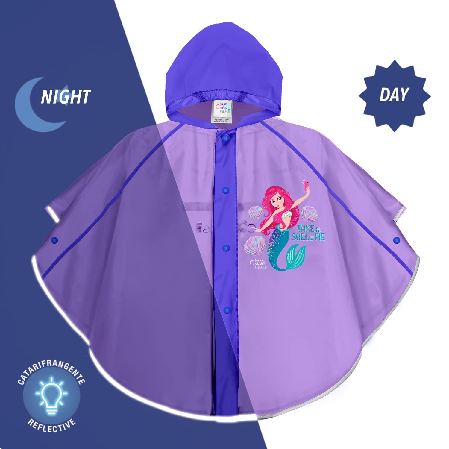 PERLETTI Chubasquero Niñas 3 4 5 6 Años con Sirena - Poncho Impermeable Infantiles con Capucha Rosa Botones a Presión - Ropa de Agua Niña Detalles Reflectantes Little Mermaid