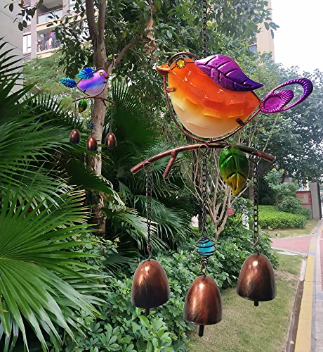 Bird Wind Chime, Metal Glass Birds Bell Wind Bells Chimes Indoor Outdoor Decorations, Garden Backyard Church Hanging Decor, Orange & Blue Pack 2 #TOP4