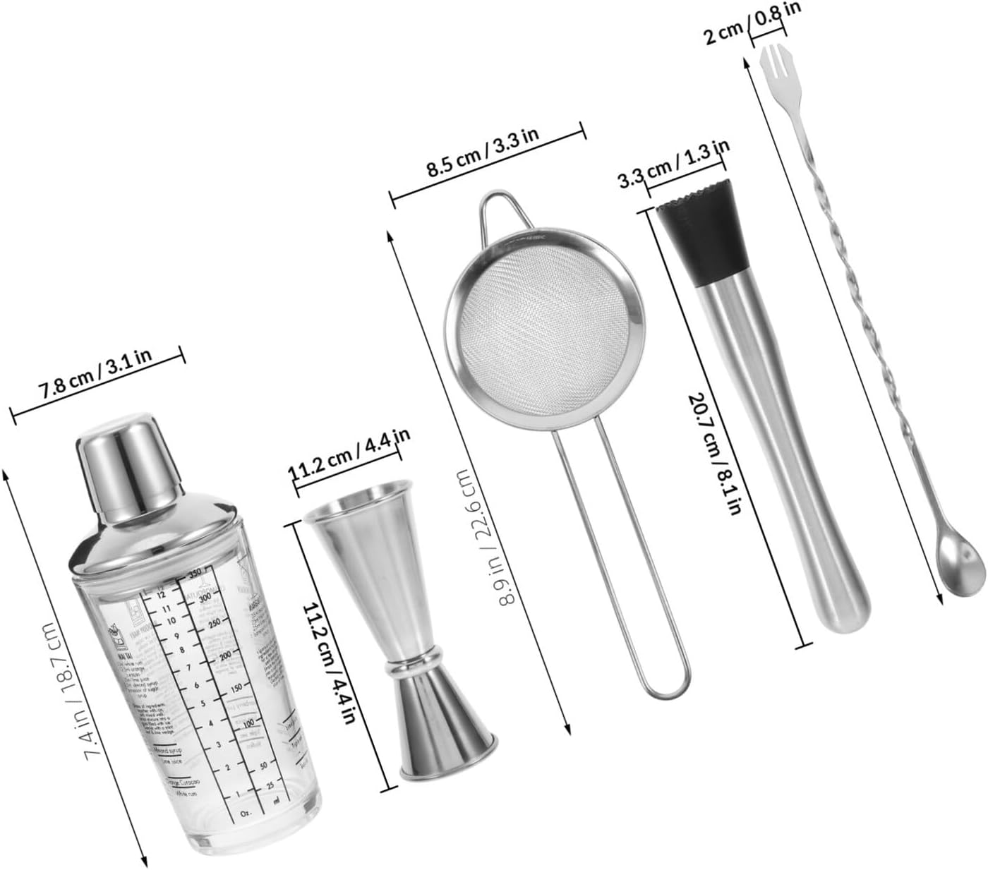 HOMSFOU Glass Cocktail Shaker Set 350ml with Measuring Scale, Stainless Steel Bar Shaker for Milk Tea and Home Drink Mixing, Bartender Kit for Bars and Kitchen Use