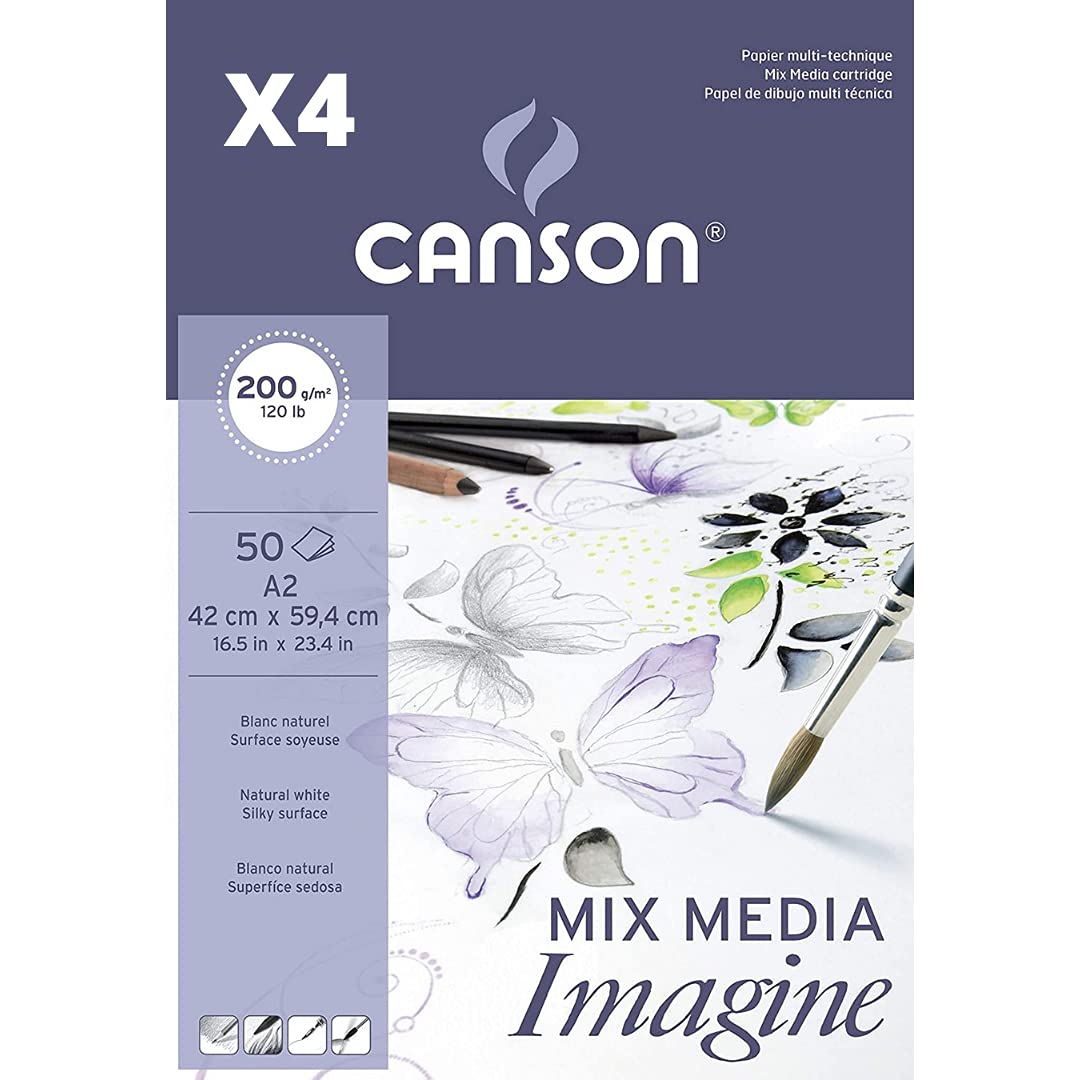 Lot de 4 blocs encollés, A2, 50 feuilles, Canson Mix Media Imagine, Grain fin 200 g, Non spécifié