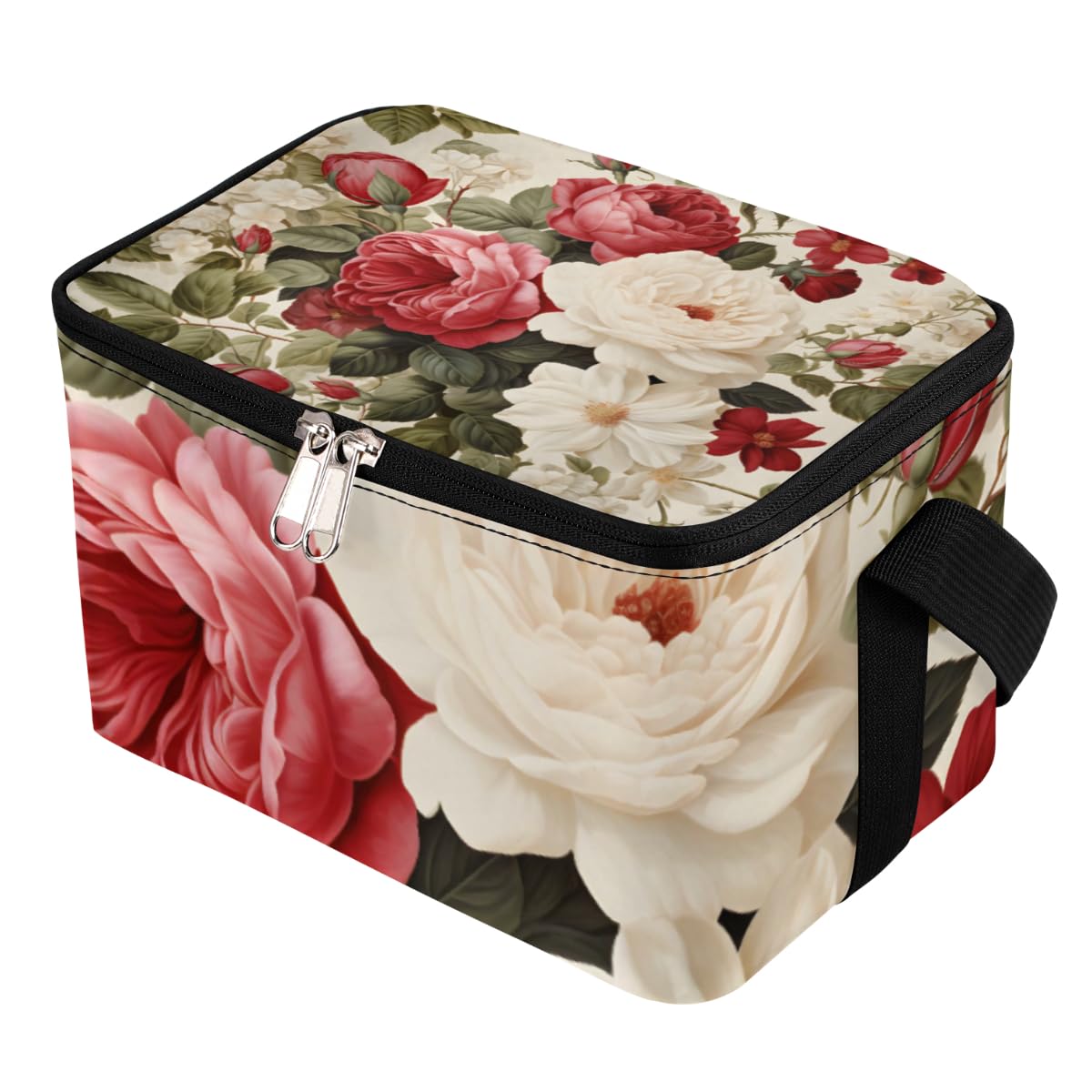 GzLeyigou Lunch Bags for Women Men 9 Cans,Red White Roses Hot & Cold Food Delivery Bag Insulated Grocery Bag Insulated Lunch Box Blossom Flowers Cooler Bag for Office Work Picnic Beach