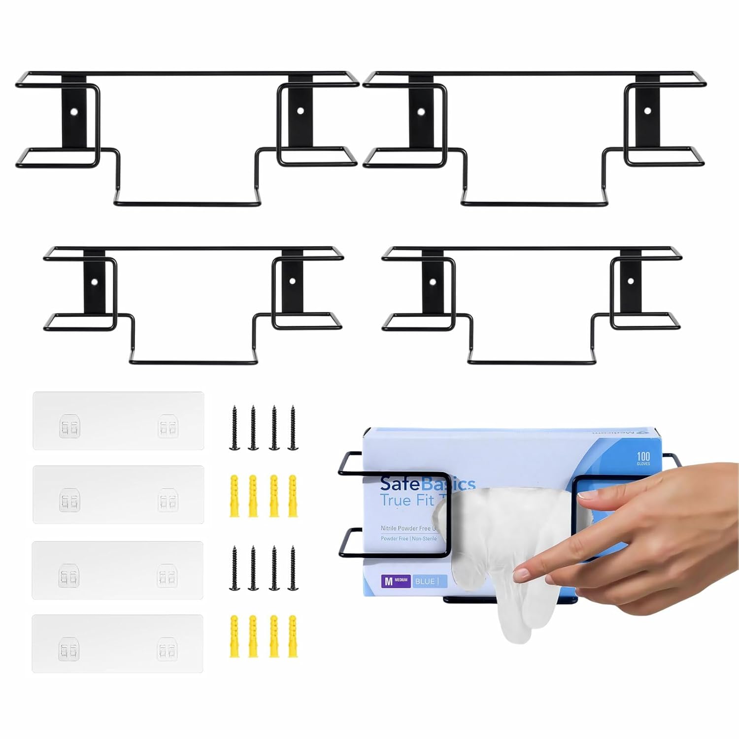 Disposable Gloves Dispenser Holder Wall Mounted – Carbon Steel Wipes Box Organizer for Clinic, Lab, Kitchen, Bathroom, Office & Garage, 4 Pcs